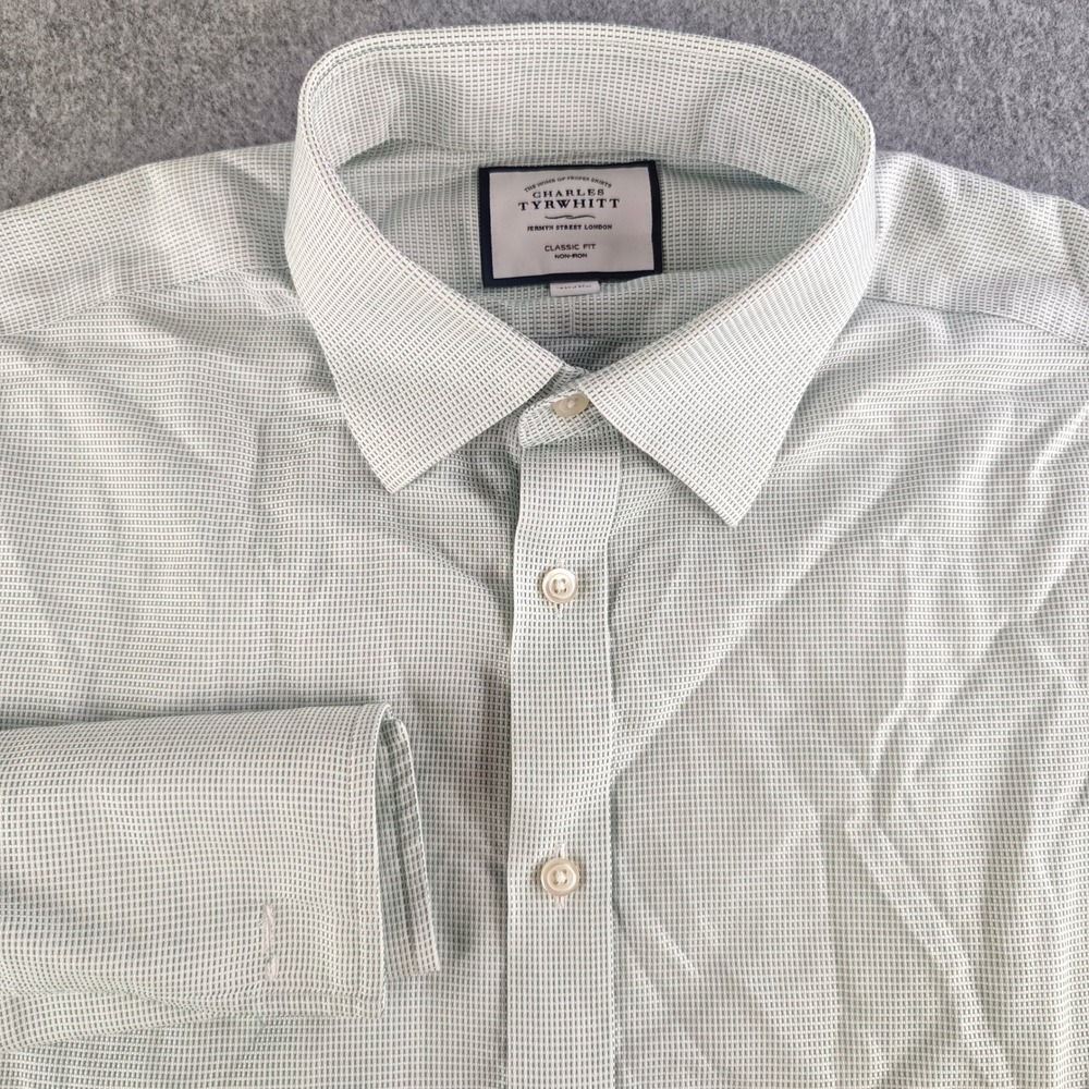 Charles Tyrwhitt Classic Fit Non-Iron French Cuff Shirt Mens 16.5 35 Green Check